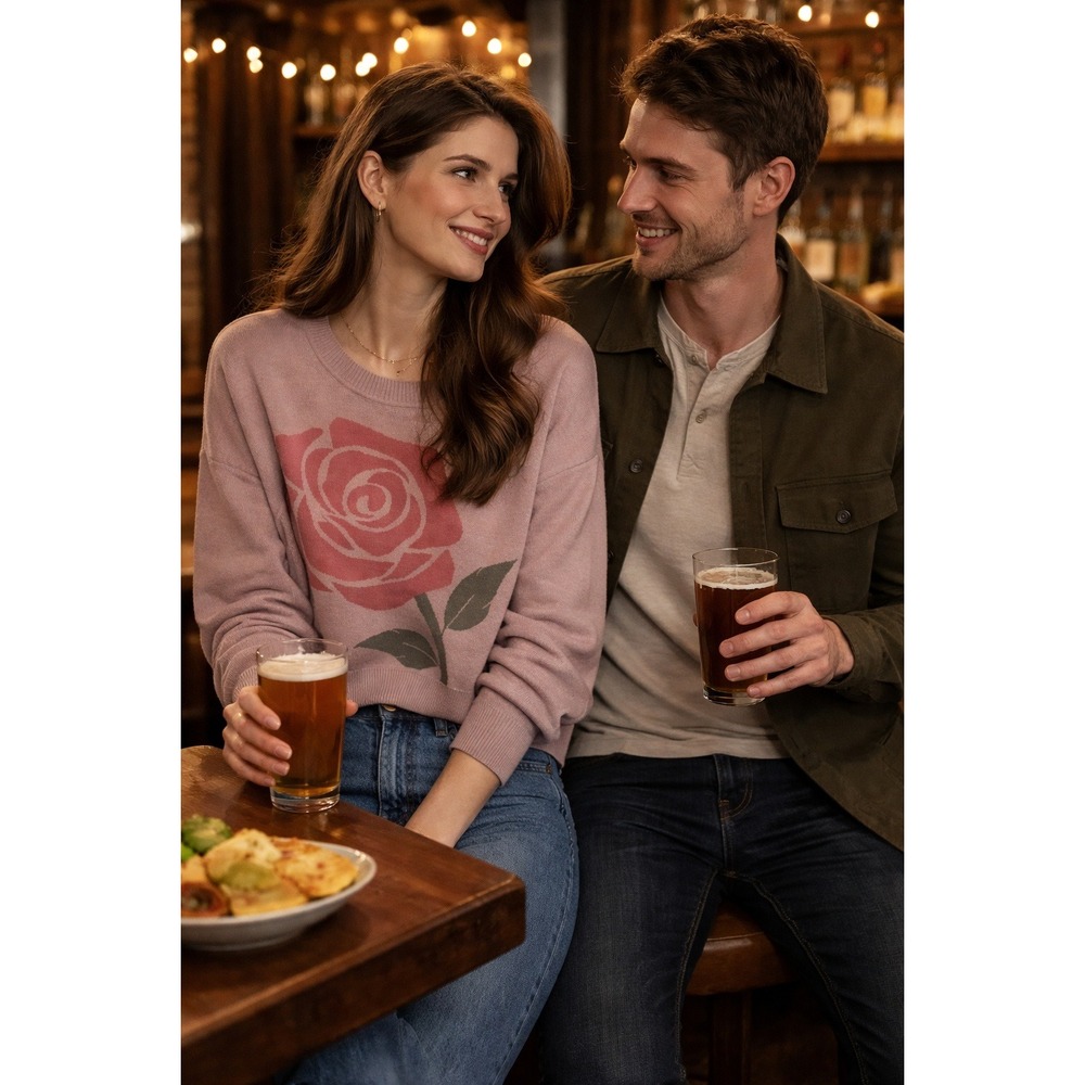 Retro Pale Baby Pink 2XL Valentine's Rose Graphic Crewneck Cropped Knit Sweater - Picture 1 of 7